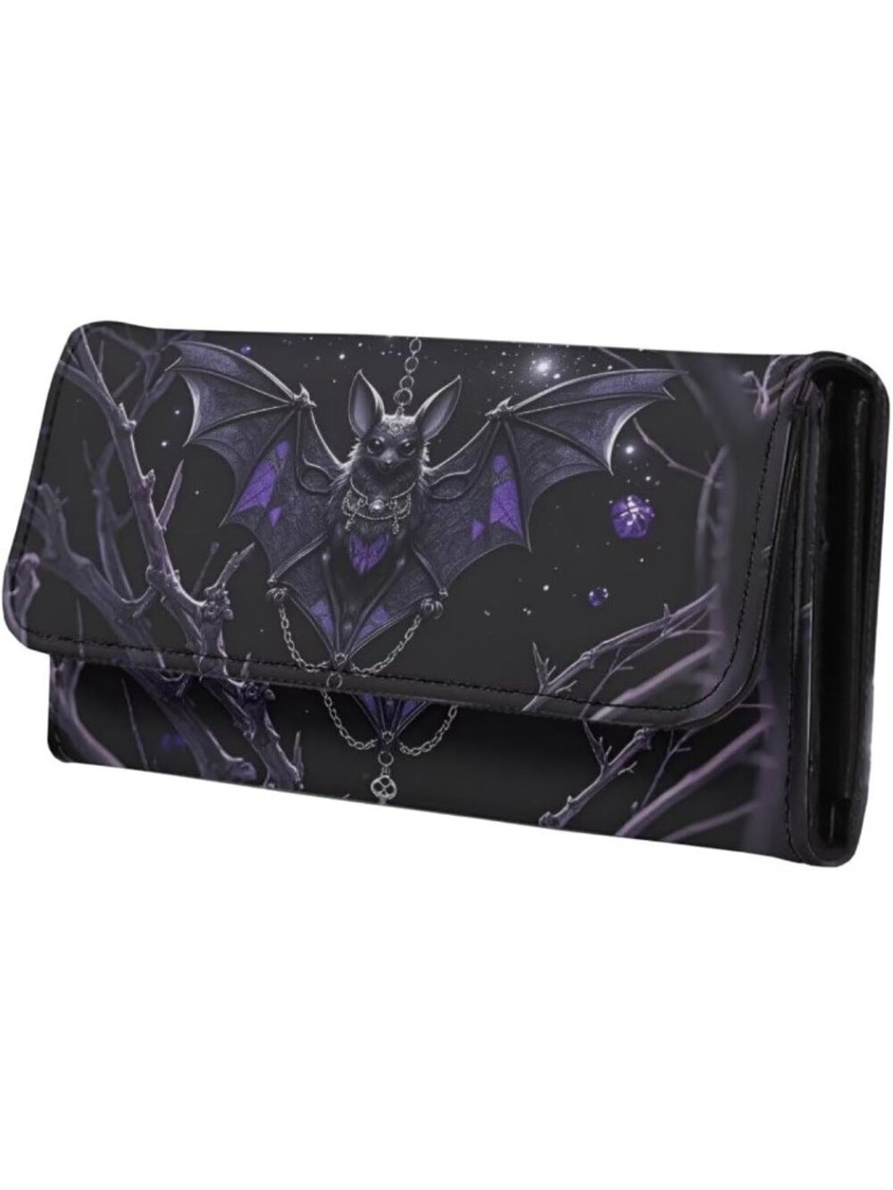 🎃Women's Night Bat Purple Purse Black PU Leather Slim Wallet Long Trifold Purse